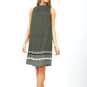 H&M Sleeveless Green Black Patterned Shift Dress with Back Ties at Neck - (6)